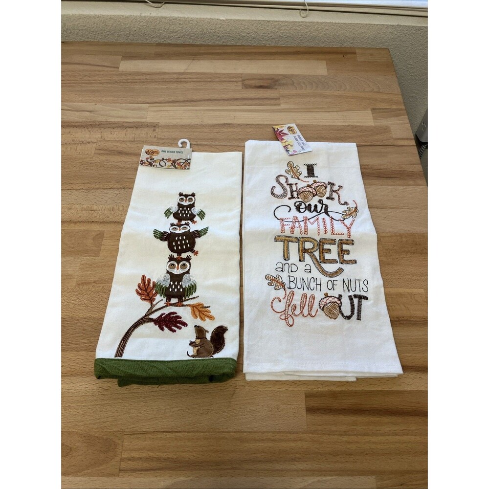 Cracker Barrel Embroidered Dish Towel & Flour Sack Family Nuts Owl Squirrel Lot
